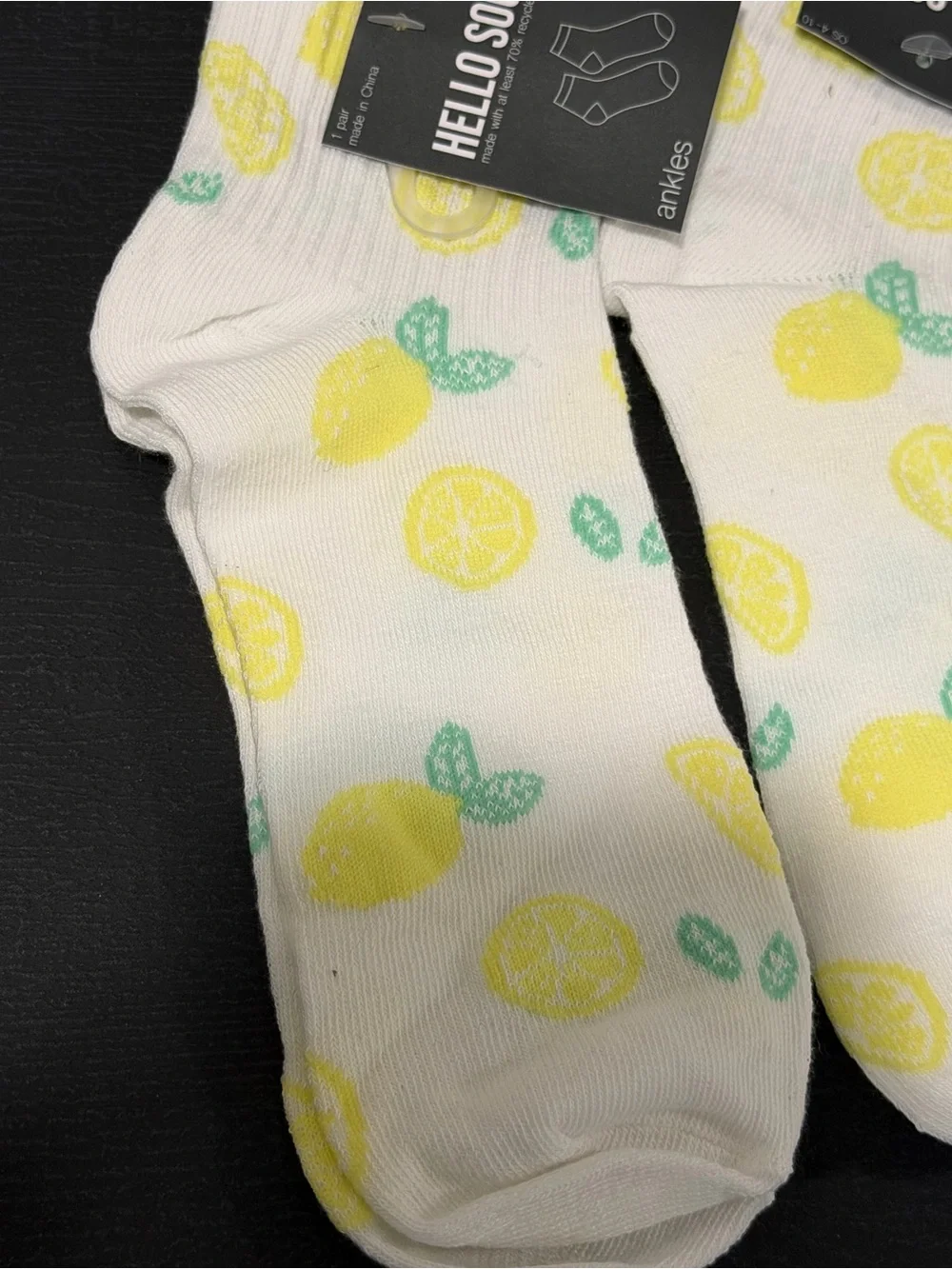 Hello Socks White Ankle Socks with Yellow Lemon Print - Pack of 3